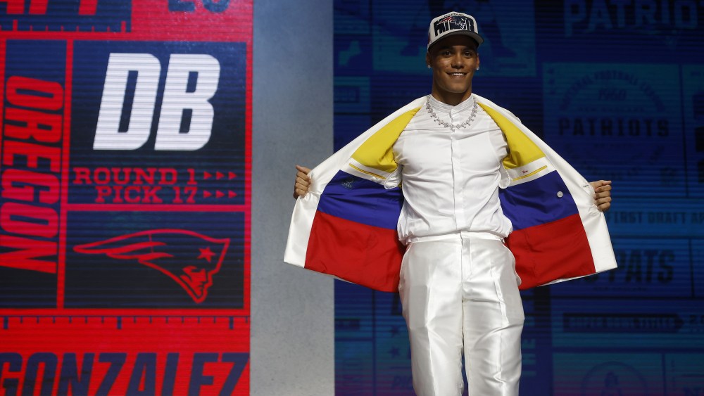 Christian Gonzalez poses after being selected 17th overall by the New England Patriots during the first round of the 2023 NFL Draft at Union Station on April 27, 2023 in Kansas City, Missouri. (Photo by David Eulitt/Getty Images)