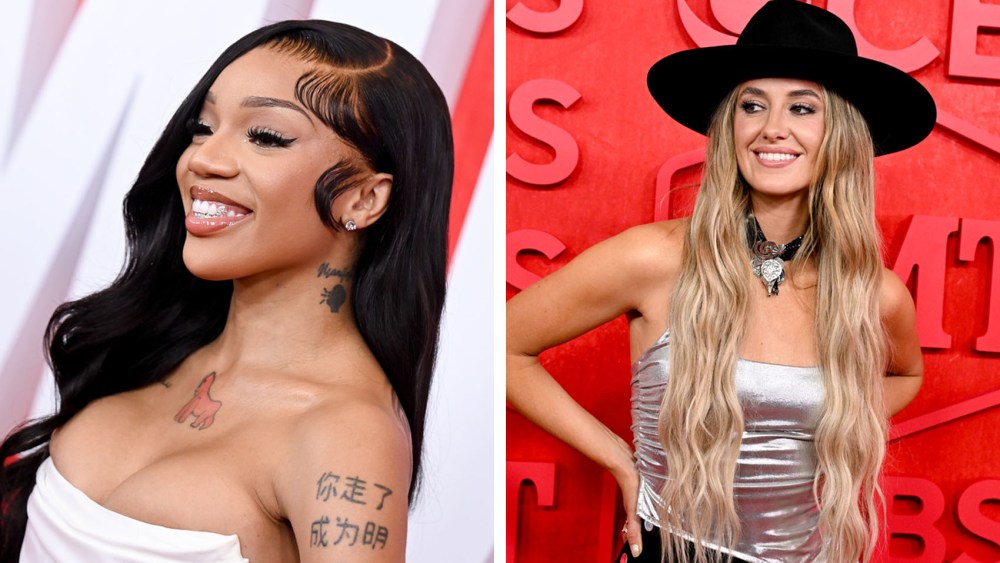 GloRilla, at left, and Lainey Wilson on April 7 at the 2024 CMT Awards in Austin, best makeup hair and beauty, red carpet