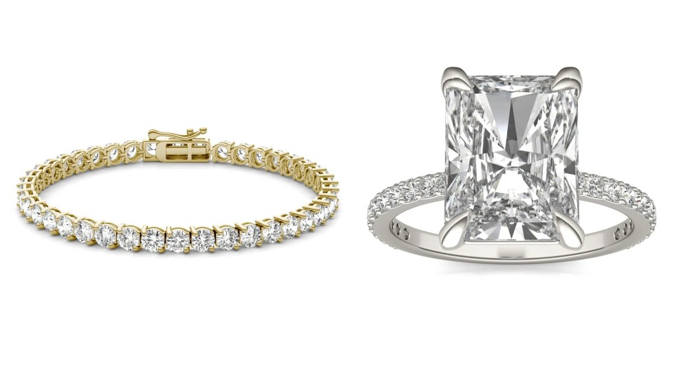 Charles & Colvard's moissanite and 14-karat gold two-prong tennis bracelet, and lab-grown diamond and 14-karat white gold ring.