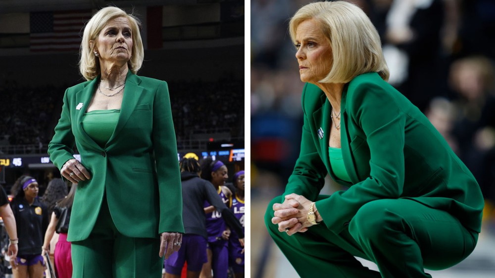 coach Kim Mulkey green outfit, of the LSU Tigers looks during the first half against the Iowa Hawkeyes on Monday in Albany, N.Y.