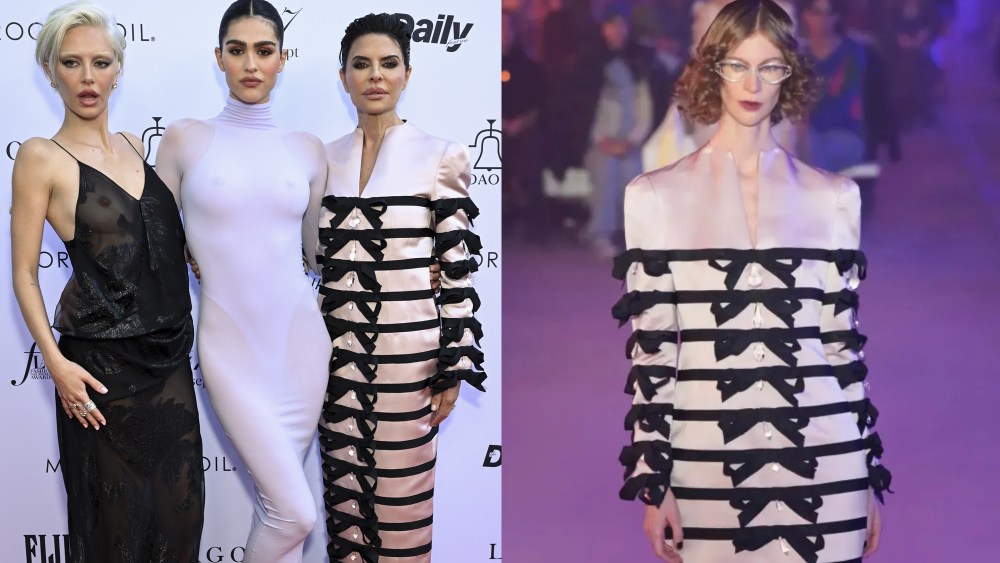 (L-R): Delilah Belle, Amelia Gray and Lisa Rinna at the 2024 Fashion Los Angeles Awards held at The Beverly Hills Hotel on April 28 in Beverly Hills, sheer see-through dress fashion trends, bow dress Wiederhoeft fall 2024 ready-to-wear collection runway model