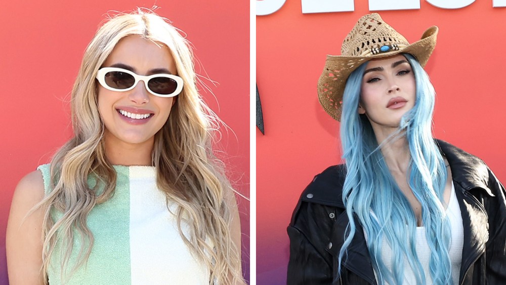 Emma Roberts, left, and Megan Fox attend CELSIUS Cosmic Desert Event at Coachella on April 12, 2024 in Indio, California, coachella celebrities