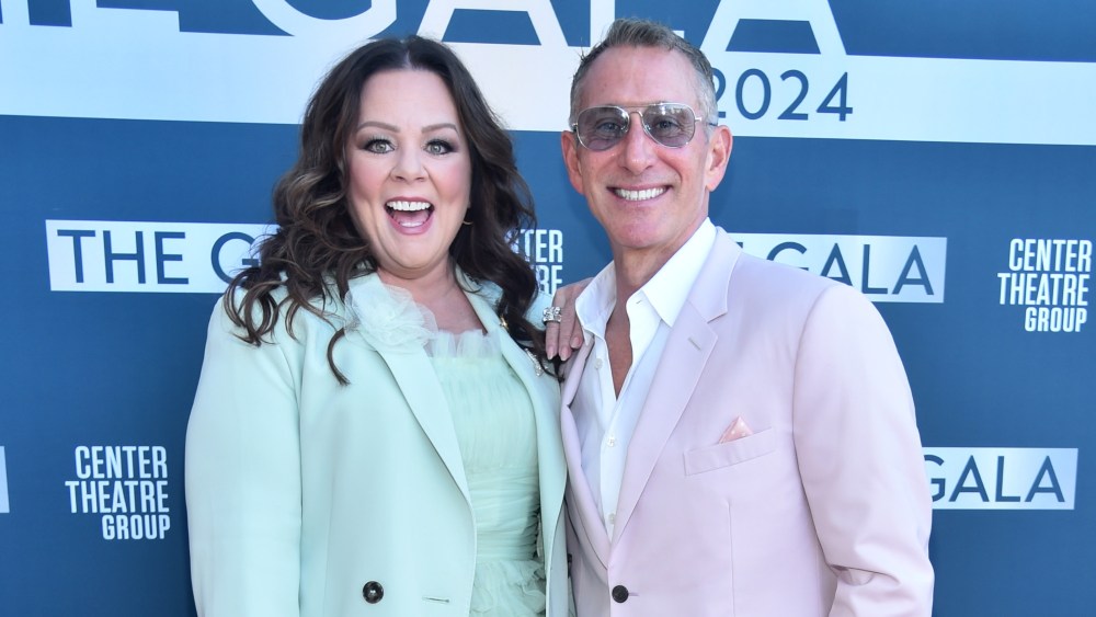 Melissa McCarthy green dress, adam shankman pink suit, at the Center Theatre Group Hosts CTG The Gala 2024 at The Ahmanson Theatre on April 28 in Los Angeles