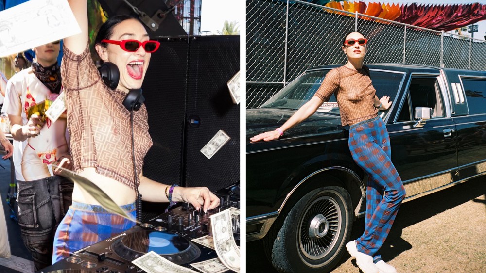 mia Moretti chose a sheer brown monogram top by Balmain, blue plaid Ottolinger trousers, white Desigual sneakers and red Celine sunglasses, coachella 2024 dj