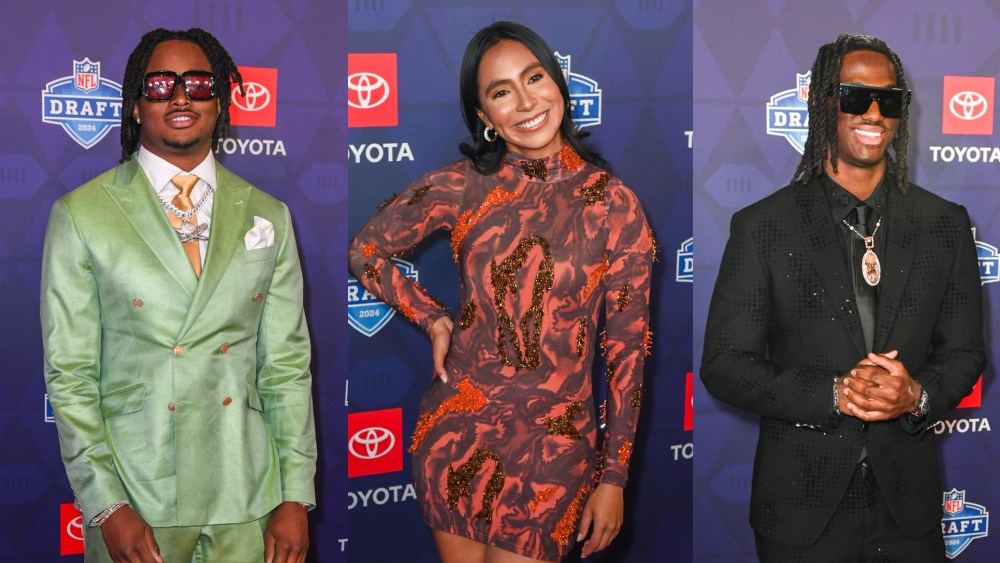 Dallas Turner, Diana Flores and Marvin Harrison Jr. at the 2024 NFL Draft, red carpet outfits, style, fashion