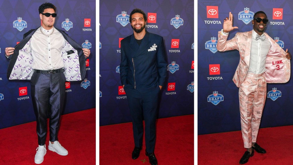 Laiatu Latu, Caleb Williams and Terrion Arnold outfits, fashion, style, looks, DETROIT, MICHIGAN - APRIL 25: Terrion Arnold celebrates after being selected 24th overall by the Detroit Lions during the first round of the 2024 NFL Draft at Campus Martius Park and Hart Plaza on April 25, 2024 in Detroit, Michigan. (Photo by Gregory Shamus/Getty Images)
