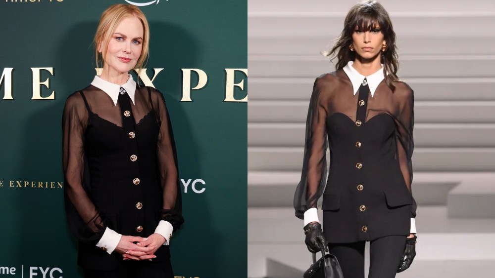 Nicole Kidman attends the official Emmy FYC event for "Expats" held at the Prime Experience at nya WEST on April 28 in Los Angeles, versace fall 2024 ready to wear runway black sheer top with gold buttons and white peter pan collar and cuffs
