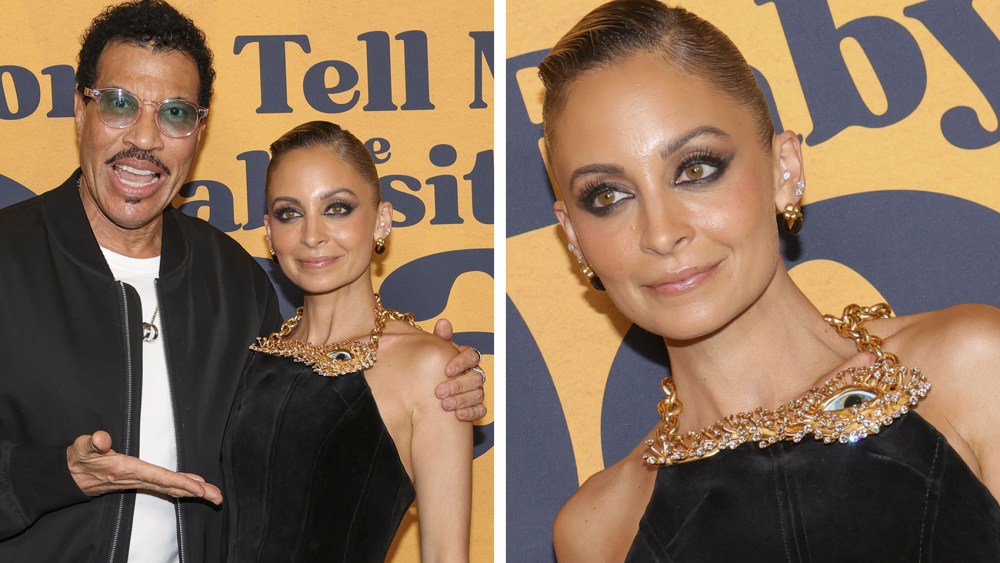 Nicole Richie and father lionel richie at the premiere of "Don't Tell Mom the Babysitter's Dead" held at The Grove on April 2, 2024 in Los Angeles, schiaparelli dress and necklace with eye