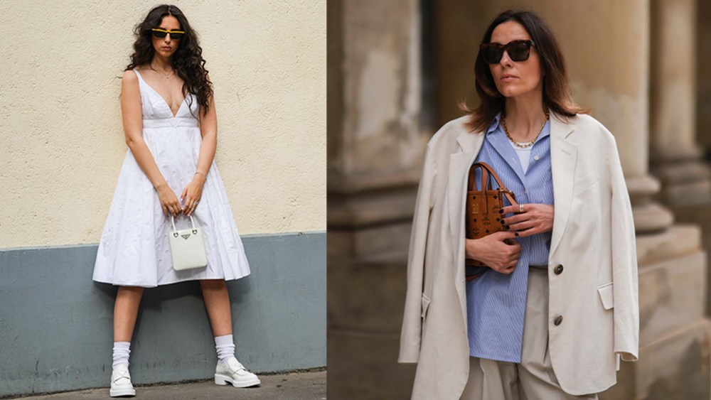 woman wearing a white midi dress and sunglasses standing against a wall; woman wearing a blue shirt, beige blazer, and beige pants