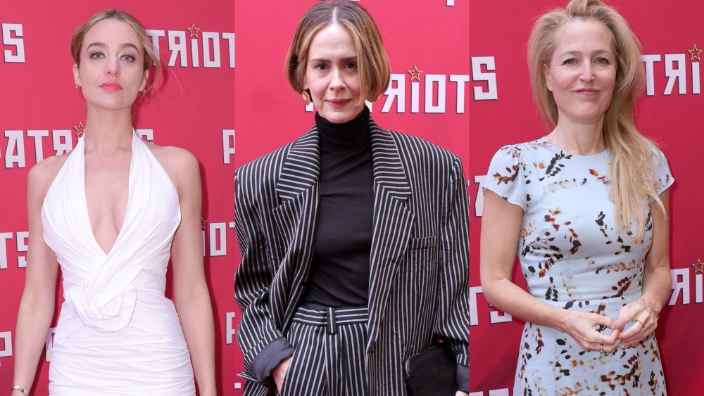 (L-R) Stella Baker, Sarah Paulson, Gillian Anderson at the "Patriots" Broadway opening night on April 22.