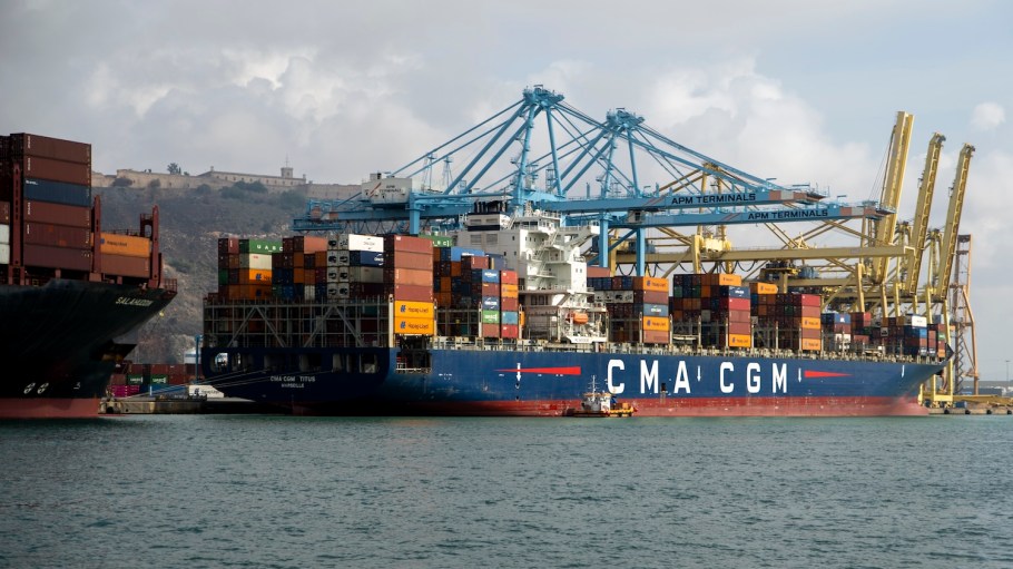 A CMA CGM cargo ship is docked at the Port of Barcelona, which recorded a 17 percent rise in total 20-foot equivalent container units (TEUs) handled in February.