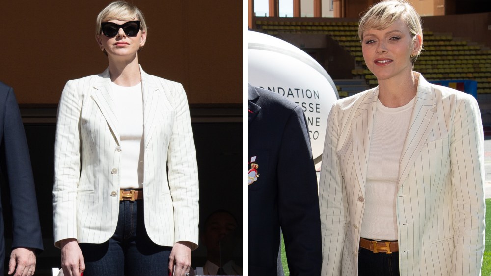 princess charlene of monaco, ralph lauren skye jacket blazer, hermes blent, prince of monaco, rugby, Prince Albert II of Monaco, Princess Charlene of Monaco, attend the Sainte Devote Rugby Tournament at Stade Louis II on April 20, 2024 in Monaco, Monaco.