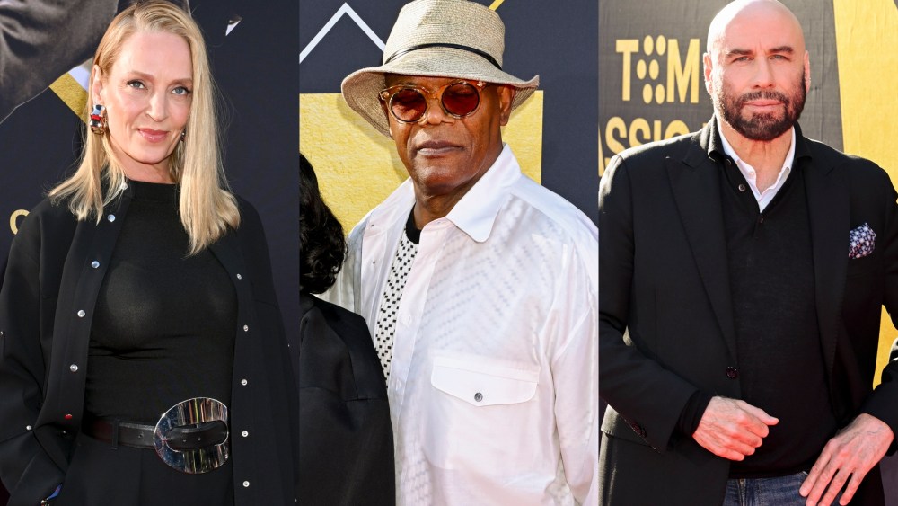 Uma Thurman, Samuel L. Jackson, John Travolta at the "Pulp Fiction" screening at the TCM Classic Film Festival on April 18.