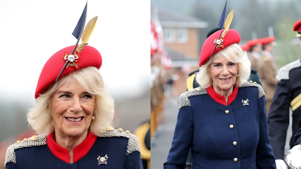 Queen Camilla during a visit to The Royal Lancers on April 22 in Catterick, England.