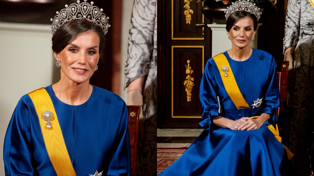 Queen Letizia at the state banquet for the Spanish Royal couple at the Royal Palace on April 17, 2024 in Amsterdam, Netherlands