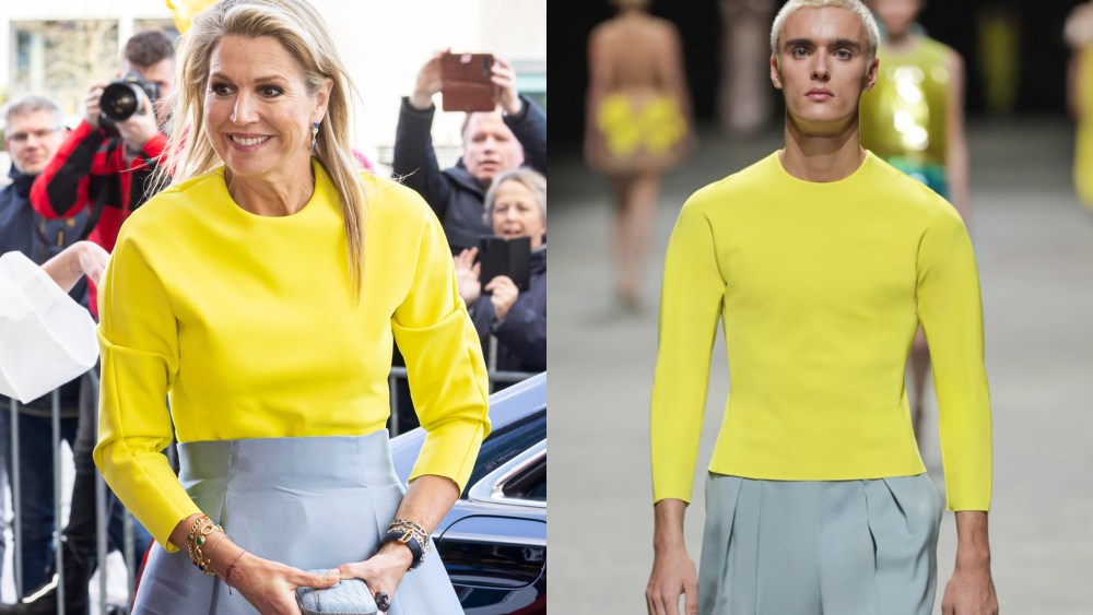 (L) Queen Maxima of the Netherlands attends the Kingsday Concert on April 22, (R) A selection from the spring 2024 couture collection of Maison Natan