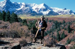 Fashion designer Ralph Lauren on the range of the "Double RL" ranch, Lauren's 10-thousand-acre ranch deep in the mountains of southern Colorado, his vision of the Western good life named for Ralph and his wife Ricky on October 7, 1985 in Ridgway, Colorado.