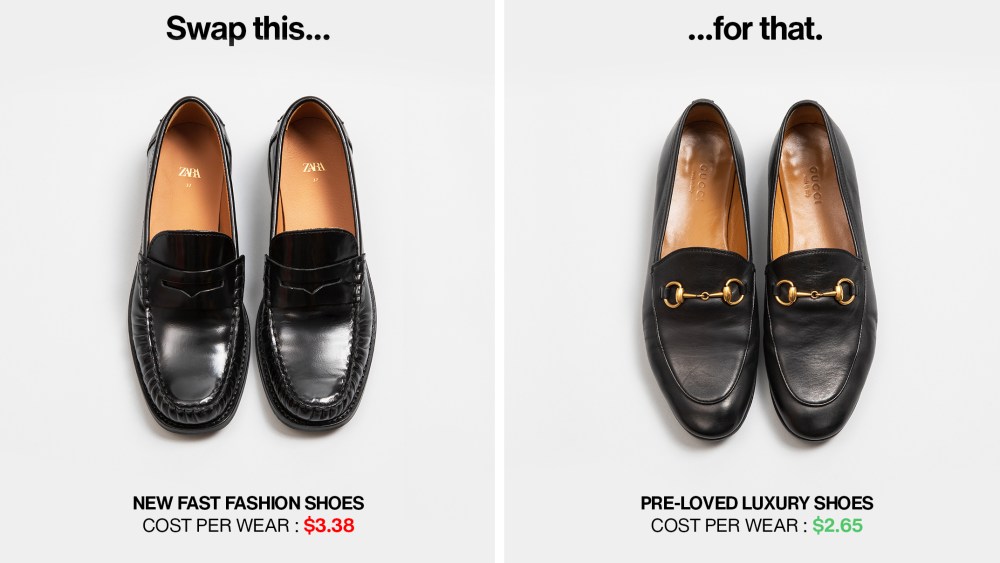 A visual of fast fashion shoes versus pre-loved shoes.
