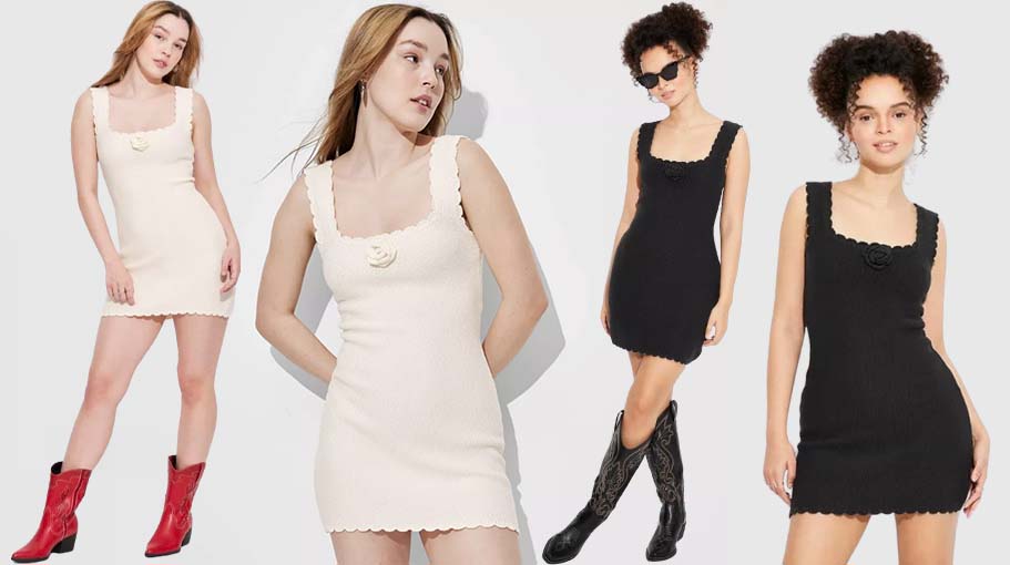 full-length view of woman wearing white crochet knit dress with red cowboy boots; woman wearing white crochet dress; full-length view of woman wearing black crochet knit dress with black knee-high cowboy boots and sunglasses; woman wearing black knit crochet dress