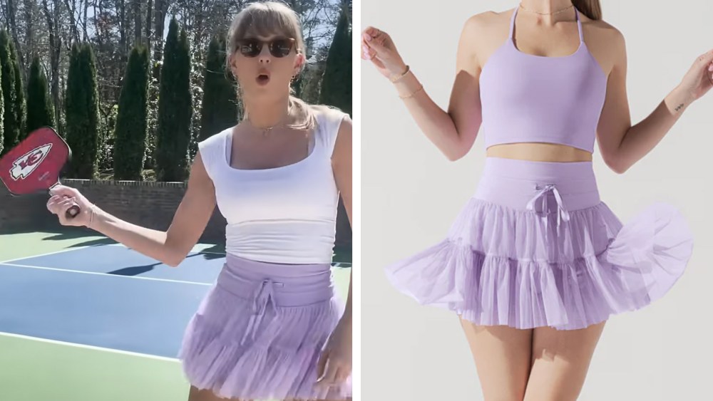 pirouette skirt from Popflex, digital lavender, taylor swift pickleball skirt, pickleball game, kansas city chiefs paddle, skort