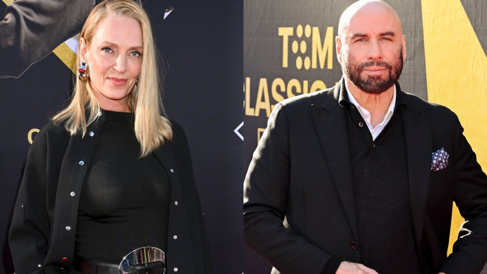 Uma Thurman and John Travolta at the TCM Classic Film Festival Screening of "Pulp Fiction" on April 18.