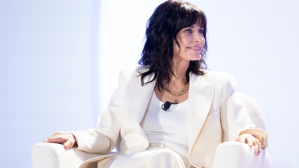 Actor and Homecourt founder Courteney Cox on stage at the 2024 WWD Beauty CEO Summit.