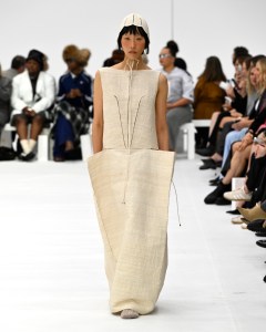 A model walks the runway wearing a design by Amy Lawrance during the Next Gen presented by DHL show during Australian Fashion Week Presented By Pandora 2024 at Carriageworks on May 13, 2024 in Sydney, Australia.