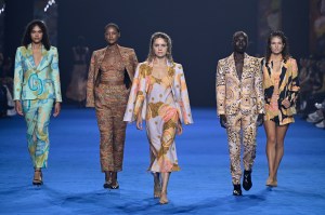 Models walk the runway in a design by Miimi & Jinda during the David Jones Indigenous Fashion Projects show during Australian Fashion Week Presented By Pandora 2024 at Carriageworks on May 16, 2024 in Sydney, Australia.