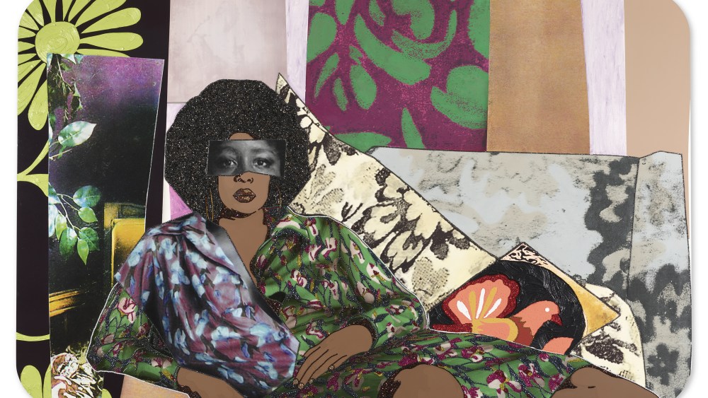 Mickalene Thomas "Afro Goddess Looking Forward" 2015. Rhinestones, acrylic, and oil on wood panel