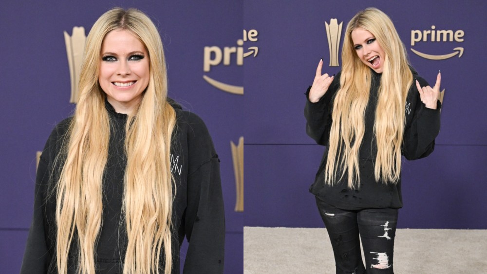 Avril Lavigne at the Academy of Country Music Awards on May 16, 2024 in Frisco, Texas, red carpet, hoodie, jeans
