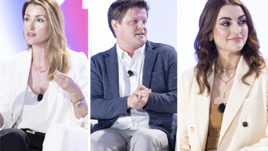 Furtuna Skin's Agatha Relota Luczo, Debut's Joshua Britton and Dieux Skin's Charlotte Palermino on stage at the 2024 WWD Beauty CEO Summit.