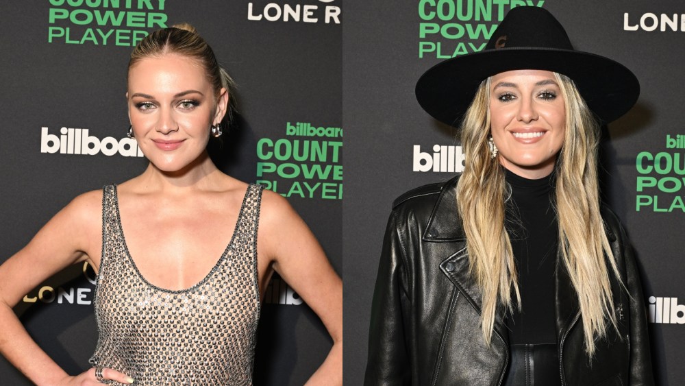 Kelsea Ballerini and Lainey Wilson at Billboard's Country Power Players on May 14 in Dallas, sequins, red carpet, the attico, motorcycle jacket
