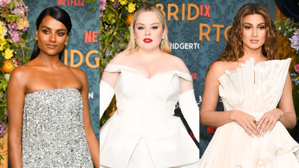 Simone Ashley, Nicola Coughlan and Tori Kelly at the premiere of "Bridgerton" season three on May 13 in New York, Danielle Frankel, red carpet, Prada