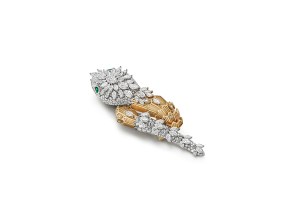 Bulgari High Jewelry Serpenti brooch in yellow and white gold with two pear emeralds, marquise diamonds and pavé-set diamonds.
