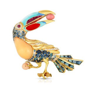 Cicada Toucan brooch with conch pearls, tourmalines, rubies, diamonds and enamel set in 18-karat gold.