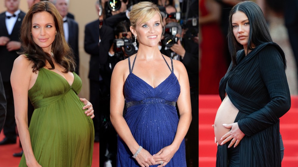pregnant baby bumps, Angelina Jolie, Reese Witherspoon and Adriana Lima at Cannes Film Festival in 2008, 2012 and 2022, red carpet, baby bumps, Balmain, Max Azria, Atelier Versace