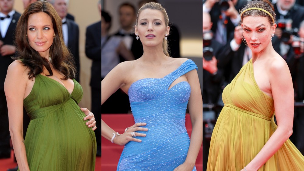 pregnant Angelina Jolie, Blake Lively and Karlie Kloss, celebrity baby bumps, maternity fashion trends, at Cannes Film Festival in 2008, 2016 and 2023, red carpet, maternity, Atelier Versace, Max Azria, baby bumps, Dior