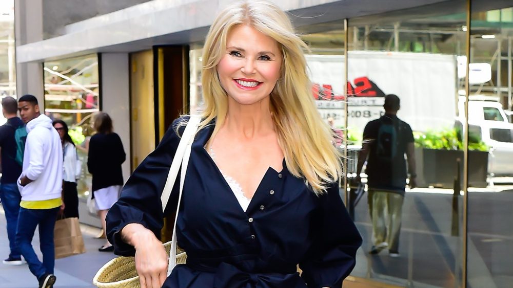 Christie Brinkley departs "Today" on May 28 in New York, TwrHll, HSN, clothing line, navy shirtdress