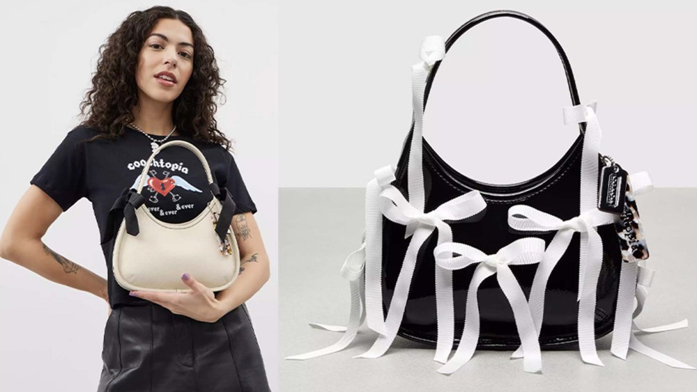 model holding white shoulder bag with bows; image of black patent leather shoulder bag adorned in bows