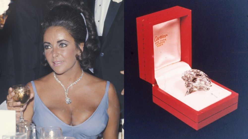 Elizabeth Taylor wearing the Taylor-Burton Diamond in 1970, the Taylor-Burton Diamond in a Cartier box, jewelry, ring, necklace, Richard Burton