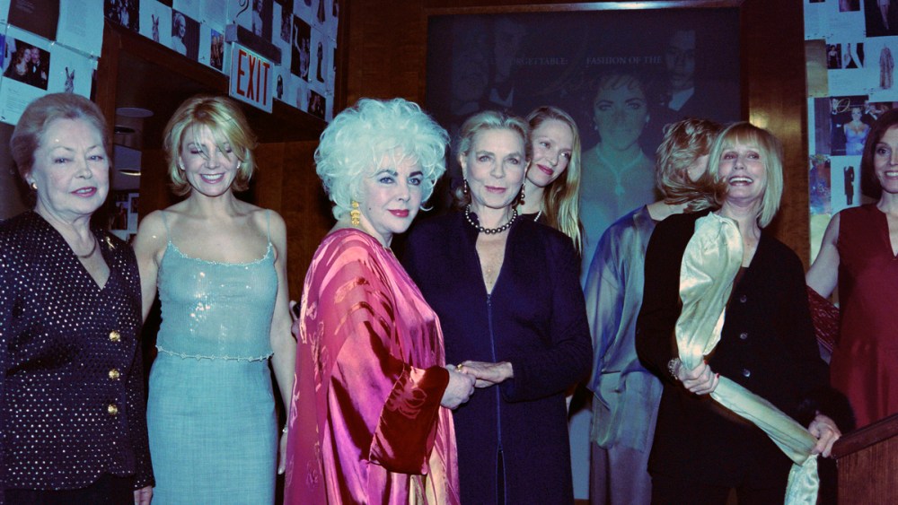 (L-R) Mathilde Krim, Natasha Richardson, Elizabeth Taylor, Lauren Bacall, Uma Thurman, and Sally Kellerman attend the Christie's Auction House preview exhibition of "Unforgettable: Fashion of the Oscars," benefitting the American Foundation for AIDS Research (amfAR), at the St. Regis Hotel in New York City on March 15, 1999.