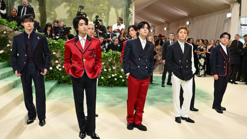 (From L) Bang Chan, Han, Felix, Seungmin, Hyunjin, I.N, Lee Know and Changbin of South Korean boy band Stray Kids arrive for the 2024 Met Gala at the Metropolitan Museum of Art on May 6, 2024, in New York. The Gala raises money for the Metropolitan Museum of Art's Costume Institute. The Gala's 2024 theme is "Sleeping Beauties: Reawakening Fashion." (Photo by Angela WEISS / AFP) (Photo by ANGELA WEISS/AFP via Getty Images)