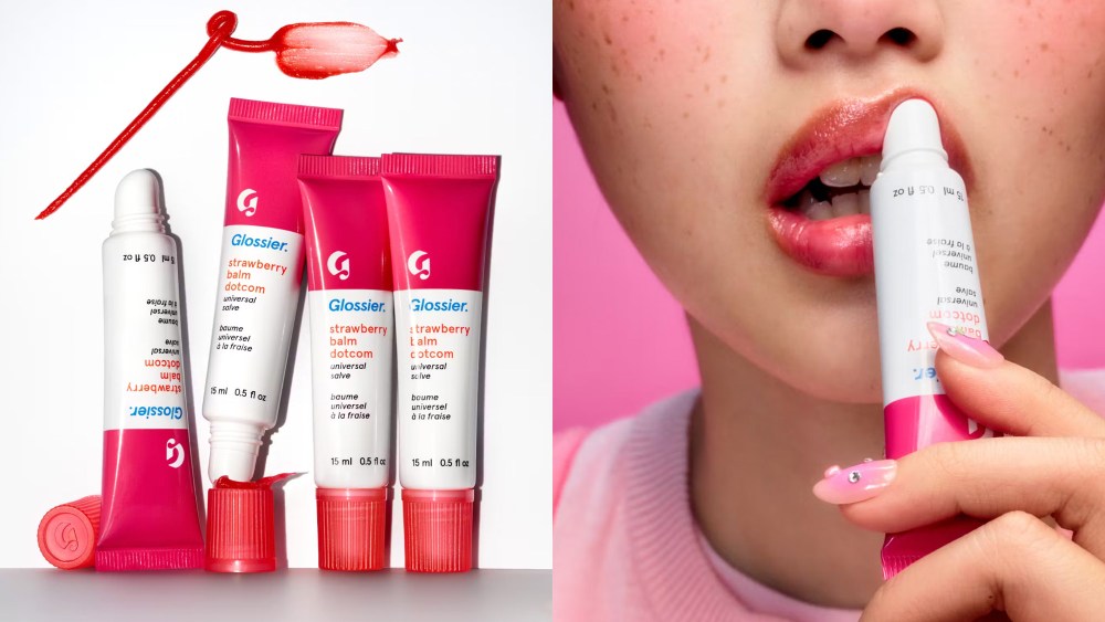 Glossier Balm Dotcom in its original formula; woman applying new strawberry flavor of Glossier balm dotcom