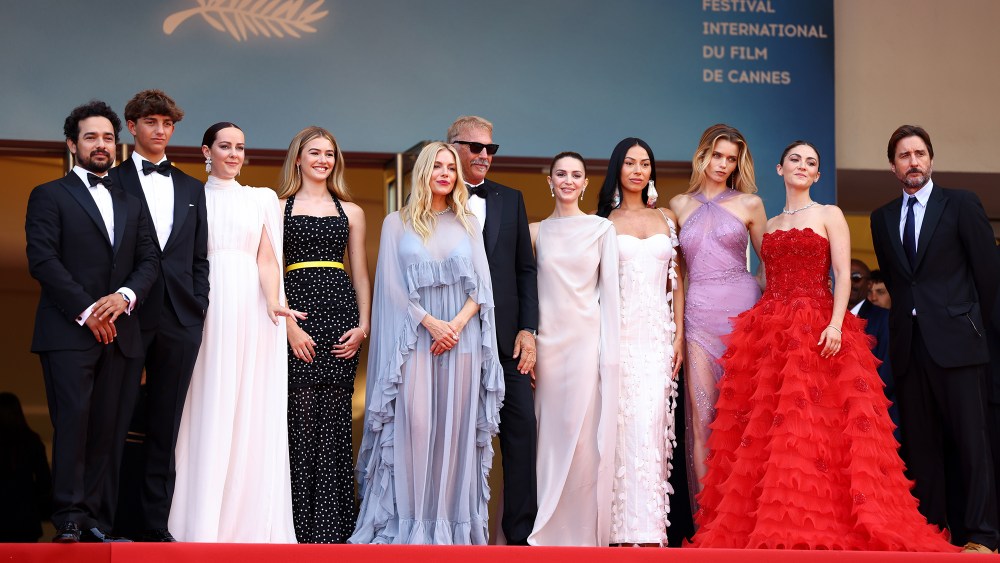L to R: Alejandro Edda, Hayes Costner, Jena Malone, Georgia MacPhail, Sienna Miller, Kevin Costner, Ella Hunt, Wasé Chief, Abbey Lee Kershaw, Isabelle Fuhrman and Luke Wilson attend the "Horizon: An American Saga" premiere at Cannes Film Festival on May 19.