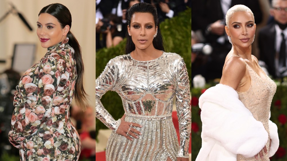 Kim Kardashian at the Met Gala in 2013, 2016 and 2022, Punk: Chaos to Couture, couch dress, Givenchy, red carpet, Manus x Machina, Balmain, Marilyn Monroe, Jean Louis, In America: An Anthology of Fashion