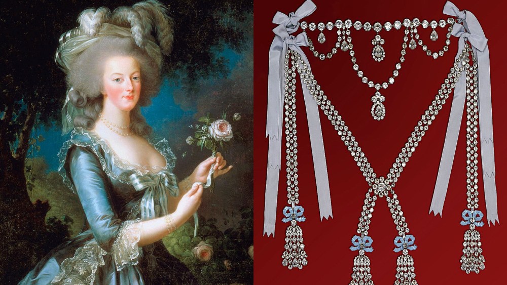 A portrait of Marie Antoinette from 1783; A reproduction of “the Queen’s necklace," jewelry, diamonds, pearls, royals