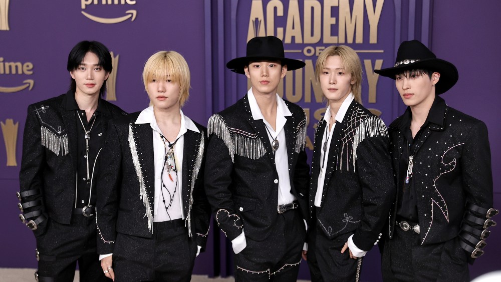 Theo, Jongseob, Intak, Soul, and Keeho of P1Harmony attend the Academy of Country Music Awards on May 16 in Frisco, Texas, red carpet, k-pop, Western, cowboy core, fringe