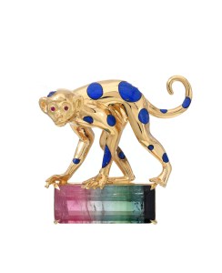 Retrouvaí one-of-a-kind Perched Monkey brooch, 18-karat yellow gold, lapis and bicolored tourmaline.