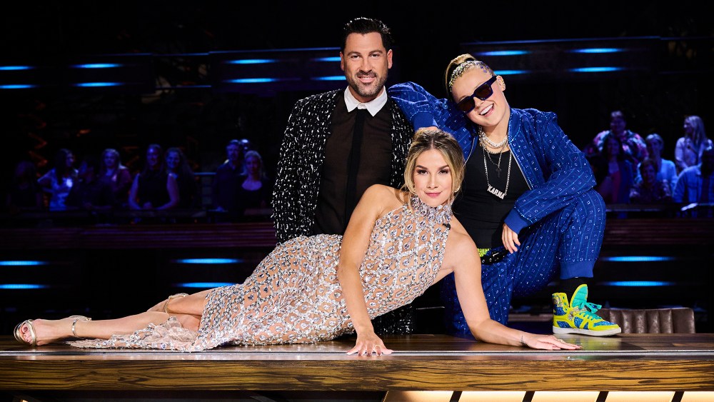 Maksim Chmerkovskiy, Allison Holker and JoJo Siwa on the season 18 finale of "So You Think You Can Dance," Fox, Christian Louboutin, rhinestoned dress, Mew Mews