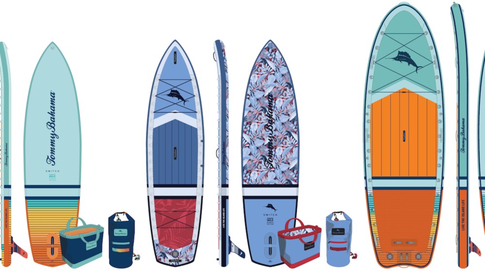 A rendering of the Tommy Bahama standup paddleboards and bags.